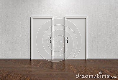 White wall with two closed doors and wooden floor Stock Photo