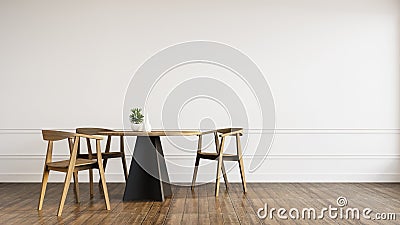 White wall and Wood modern chairs in dining room interior - 3D rendering Stock Photo
