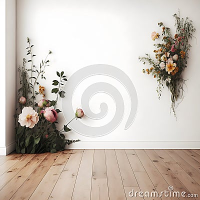White wall and wooden floors. A template layout for product design or placement created using generative artificial intelligence Stock Photo
