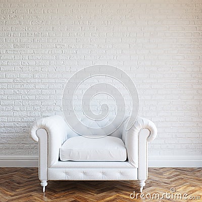 White Walls Brick Interior With Classic Leather Armchair Stock Photo