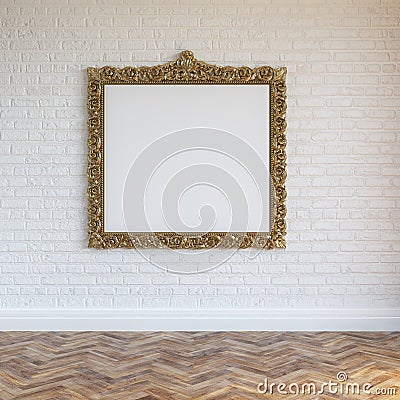 White Walls Brick Interior With Golden Carved Frame And Hardwood Stock Photo