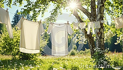 White washed laundry hangs on a line in the beautiful nature in the summer sunshine Stock Photo