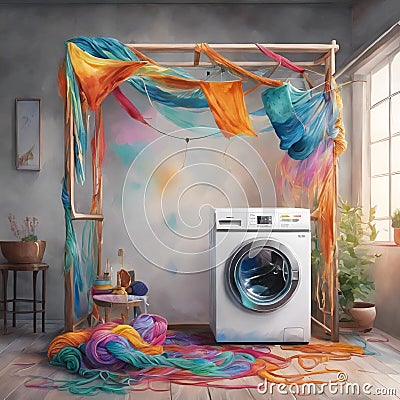 A white washing machine is visible in the corner of an artistic room Cartoon Illustration