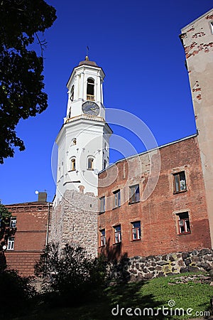 White watch-tower in Vyborg Stock Photo