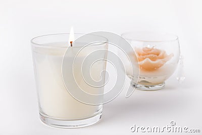 White Wax Candle in glass on white background, product mock-u Stock Photo