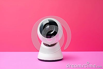 A white webcam on ready to record video on a colorful pink paper background with copy space. Online communications concept. Modern Stock Photo