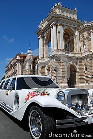 White wedding limousine near the house Stock Photo