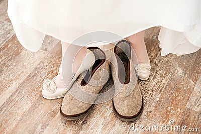 White wedding shoes on bride Stock Photo