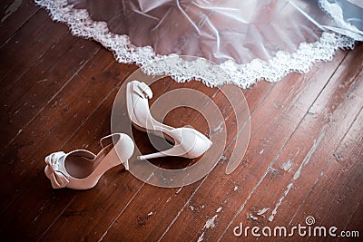 White wedding shoes and veil Stock Photo