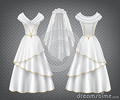 White wedding woman dress with tulle veil Vector Illustration