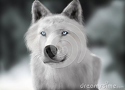 White wild wolf with blue eyes with blurred depth of field winter background Stock Photo