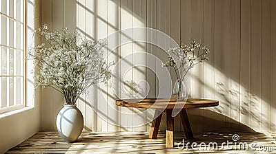 White wildflowers in paunchy vase on round old wooden brown table against empty gray wall. Natural side lighting from window Stock Photo