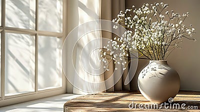 White wildflowers in paunchy vase on round old wooden brown table against empty gray wall. Natural side lighting from window Stock Photo