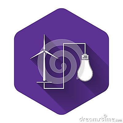 White Wind mill turbine generating power energy and light bulb icon with long shadow. Alternative natural renewable Vector Illustration