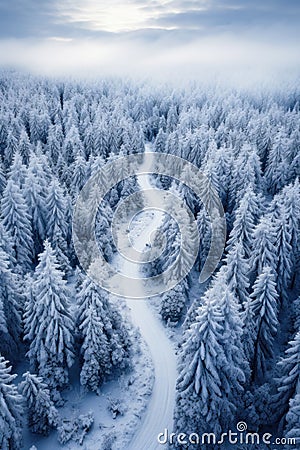 White winding road in coniferous forest in winter, vertical aerial view of snowy blue woods. Scenery of snow, path and frozen Stock Photo