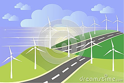 White windmills on green fields, sea coast, blue sky Vector Illustration