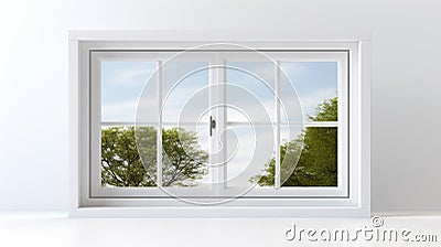 White Window With Trees: Smooth Surfaces And High Detail Stock Photo
