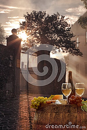 White wine with barrel in Chianti, Tuscany, Italy Stock Photo