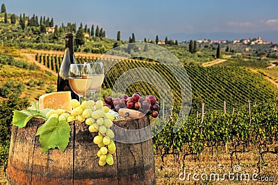 White wine with barrel on vineyard in Chianti, Tuscany, Italy Stock Photo