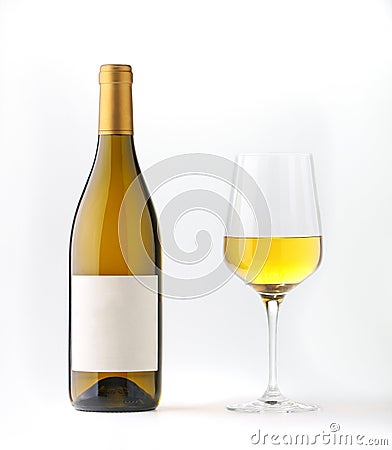 White wine bottle with blank label and wine goble Stock Photo