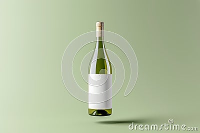 Flying glass bottle with natural white wine with empty white label against tender green background Stock Photo