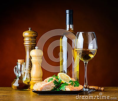 White Wine with Cooked Fish and Spices Stock Photo