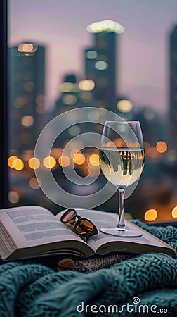 White wine elegance bed, book, spectacles, city lights backdrop Stock Photo