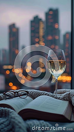 White wine elegance bed, book, spectacles, city lights backdrop Stock Photo