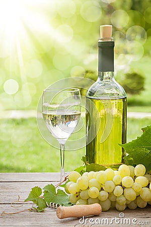 White wine glass and bottle with bunch of grapes Stock Photo