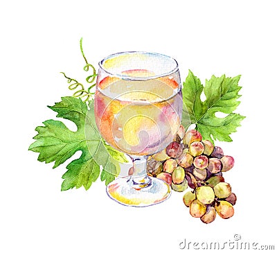White wine glass with vine leaves, grape berries. Watercolor Stock Photo