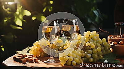 white wine in glasses, green grapes Cartoon Illustration