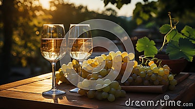 white wine in glasses, green grapes Cartoon Illustration