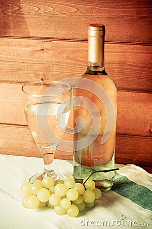 White wine, wineglass, grape. Vintage style Stock Photo