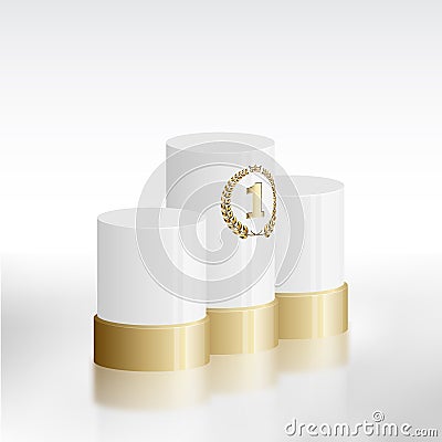 White winners podium golden laurel wreath and number one 1. Isolated with reflection. Vector Illustration