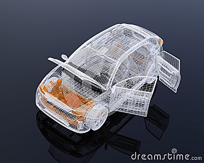 White wire frame of electric SUV on black background. Left doors and hood opened Stock Photo