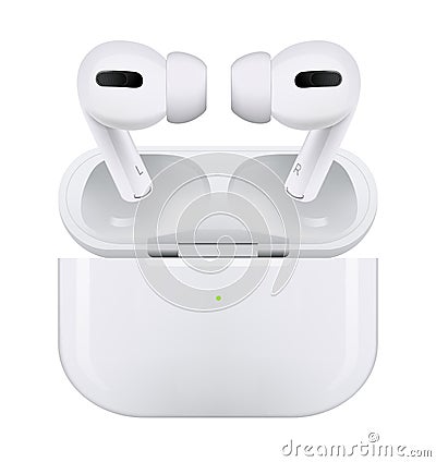 White wireless headphones Apple AirPods Pro, on white background. Realistic vector illustration Vector Illustration