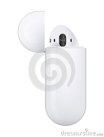 White wireless headphones Apple AirPods series 2, on white background. Realistic vector illustration Vector Illustration