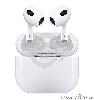 White wireless headphones Apple AirPods series 3, on white background. Realistic vector illustration Vector Illustration