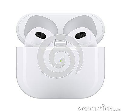 White wireless headphones Apple AirPods series 3, on white background. Realistic vector illustration Vector Illustration