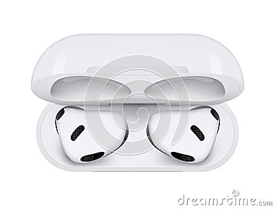 White wireless headphones Apple AirPods series 3, on white background. Realistic vector illustration Vector Illustration