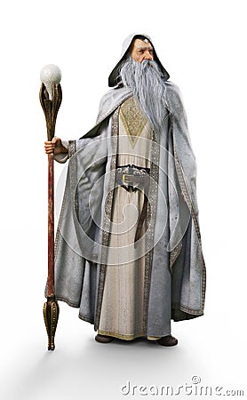 A white wizard with staff posing on an isolated white background . Stock Photo