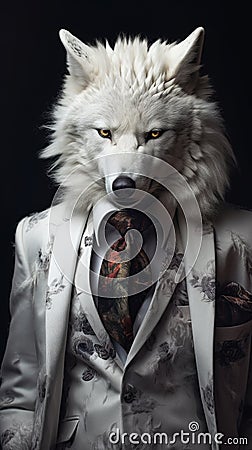 White wolf dressed in an elegant and modern suit with a nice tie Stock Photo