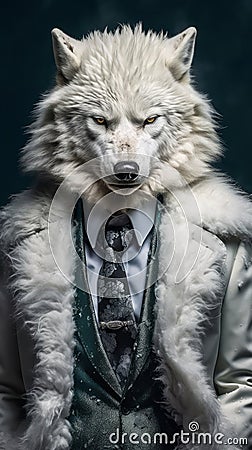 White wolf dressed in an elegant suit with a nice tie Stock Photo