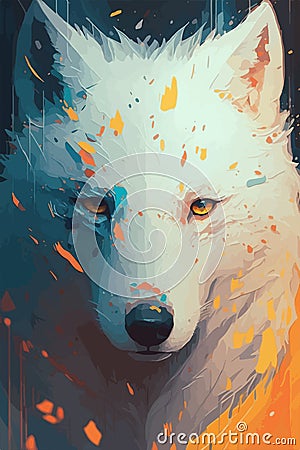 White Wolf wallpaper, graphical, color portrait of a wolf head on a white dark with splashes of watercolor and golden leaves Stock Photo