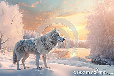 White wolve in the snowy forest Stock Photo