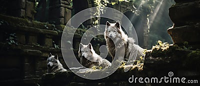 White wolves in the ruins of an ancient city Stock Photo