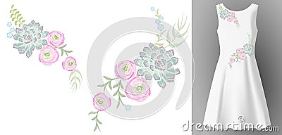 White woman dress 3d realistic mock up floral embroidery fashion decoration. Flower succulent ranunculus eucalyptus patch neckline Cartoon Illustration
