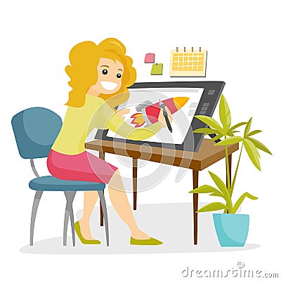 A white woman graphic designer works at the office desk. Vector Illustration