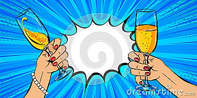 White woman hand hold glass of champagne in pop art style Vector Illustration