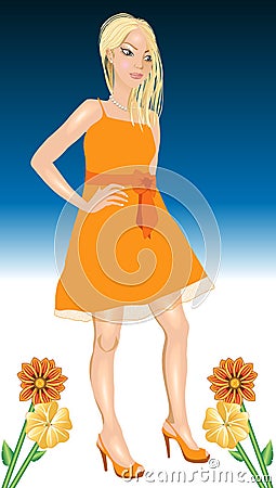 White Woman Orange Dress Vector Illustration